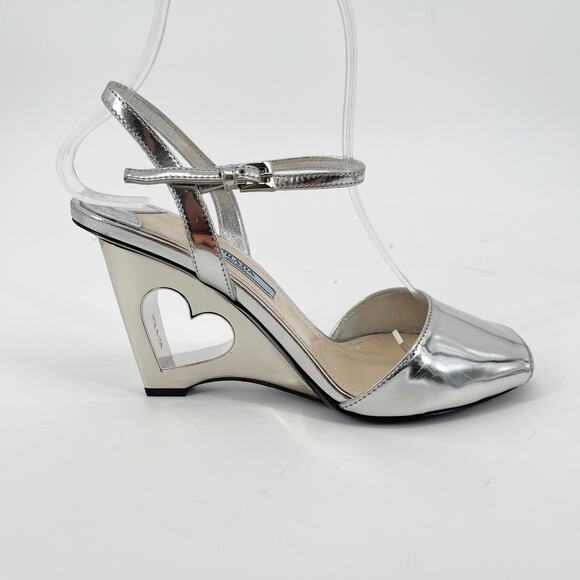 Prada Metallic Silver Leather Heart Cutout Wedge Ankle Strap Sandal size IT 36 - Picture 3 of 16
